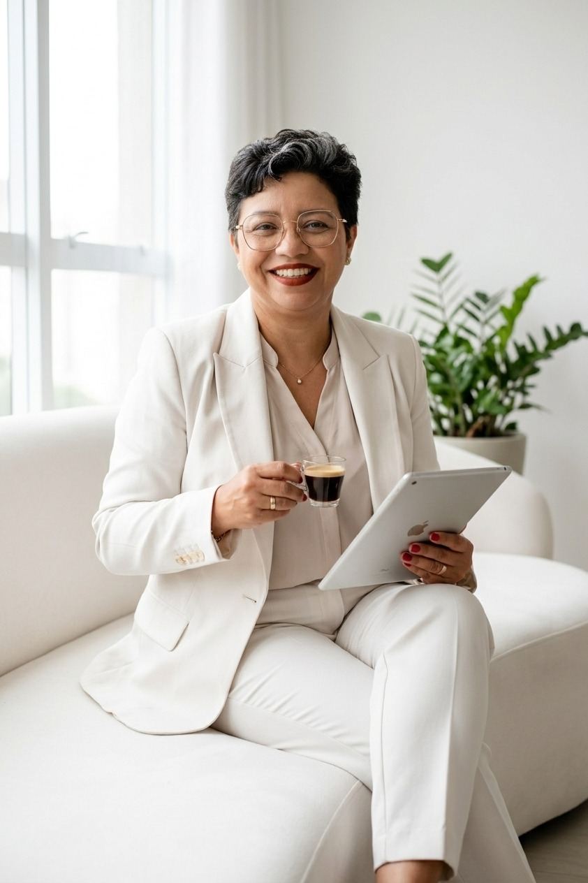 Alcione Ribeiro sorrindo, de blazer branco, com um café e um tablet